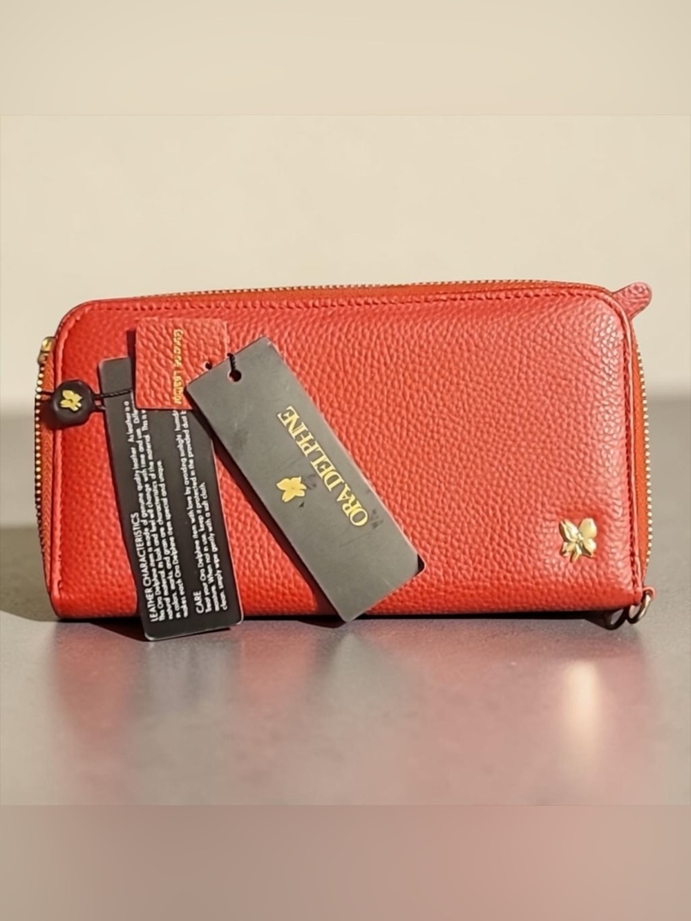 Ora Delphine  Red Pebbled Leather Zip Wallet with Gold Accent